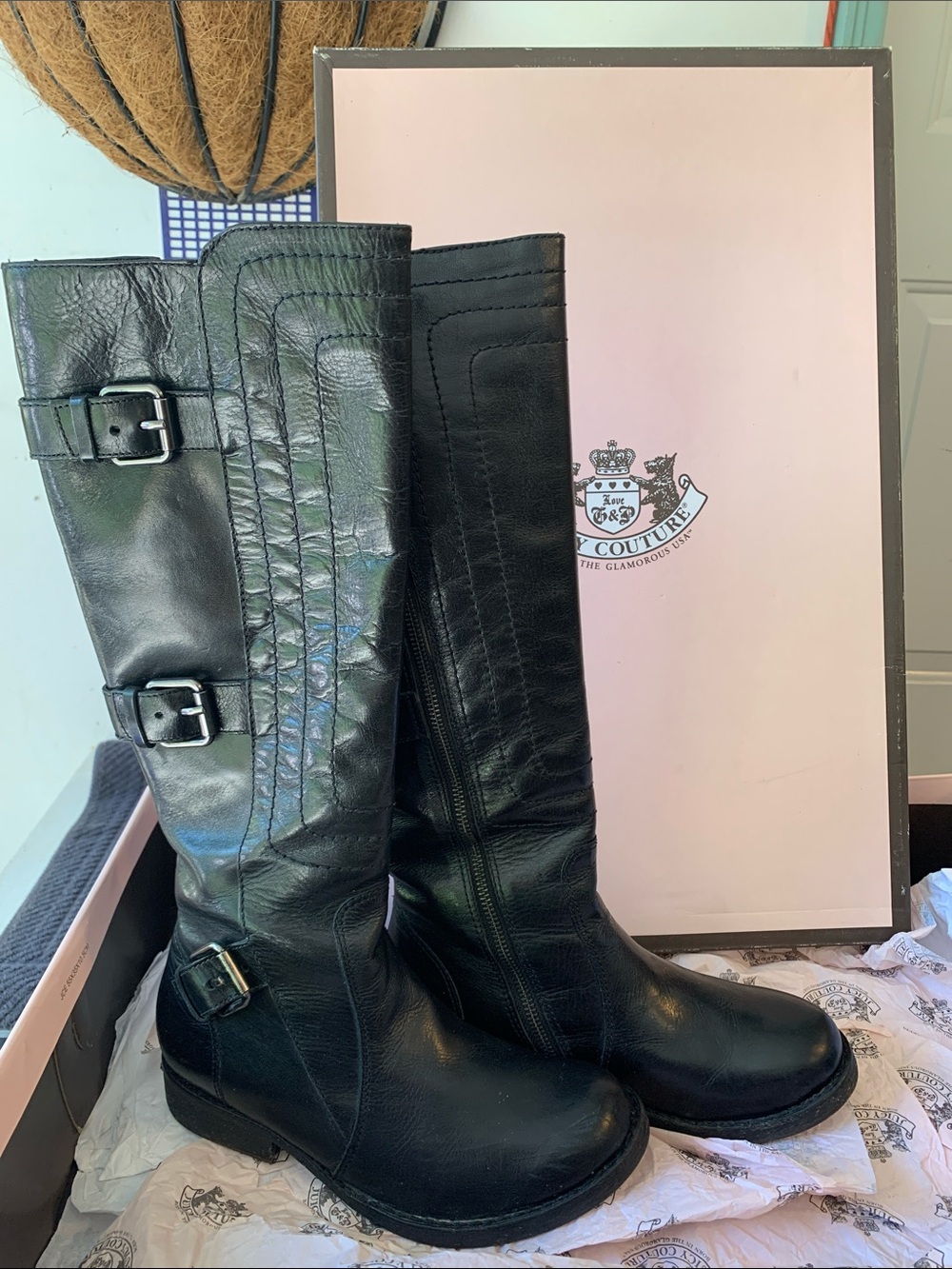 Juicy Couture Black Leather Knee-High Buckle Riding Boots